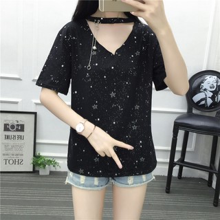 เสื้อยืด แฟชั่น ผู้หญิง แขนสั้น คอวี ลายดาวบริ๊งค์ ๆ มีตุ้งติ้ง น่ารัก สไตล์เกาหลี 2XL - 4XL