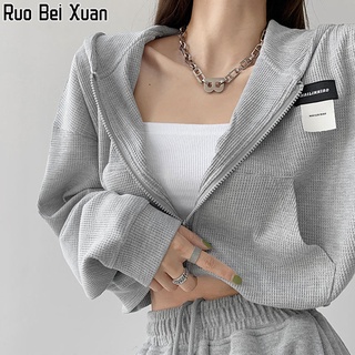 Ruo Bei Xuan เสื้อแจ็คเก็ตสตรีสไตล์เกาหลีแบบหลวมสีทึบมีฮู้ดกีฬา Jacket