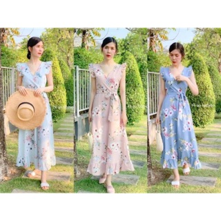 Floral Layer Maxi Dress🌸 เดรสแม๊กซี่แต่งระบาย ผ้าบับเบิ้ลพิมพ์ลาย ซิปและซับในทั้งตัว พร้อมผ้าผูกเอวปรับไซส์ ทรงสวยดูแพง