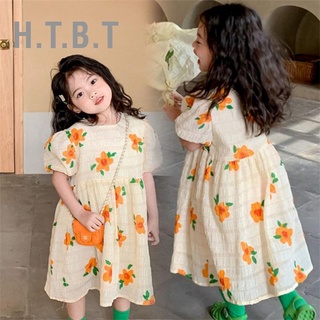 H.T.B.T Girls Dress Short Lantern Sleeve Crewneck Floral Printed Jacquard Summer for Kids 3 to 8 Years Old