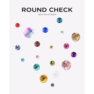 SC fashion พลอยอะคริลิค ทรงกลม [Round Check] มีรูเย็บ มีหลายสีหลายขนาด