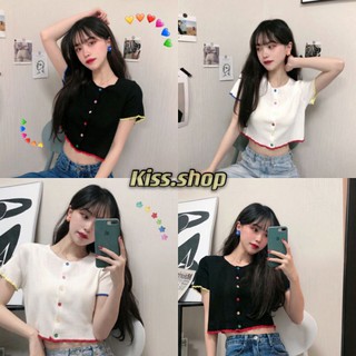 Kiss.shop🌟พร้อมส่ง🌟เสื้อยืดแต่งกระดุมหน้าหลากสี แกะกระดุมได้จ้า(9633)