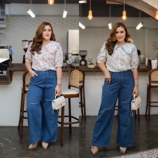 SH82 เสื้อปักลายดอก มี 2 สี ชมพู/ฟ้า เสื้อผ้าพลัสไซส์ Plussize fashion ชุดคนอ้วน แฟชั่นสาวอวบ