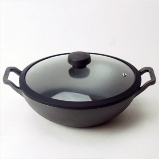 MEYER CAST IRON กระทะทรงจีนเหล็กหล่อ 2 หู พร้อมฝาแก้ว ขนาด 26 CM. CAST IRON KADAI (48185-C)