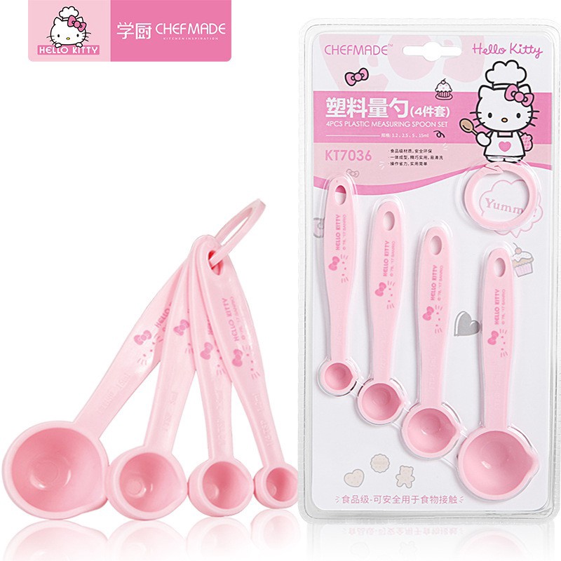 CHEFMADE Hello Kitty การปรับแต่ง 4 ชิ้น/เซ็ตพลาสติก PP ช้อนขนาดคู่สีชมพูครัวเบเกอรี่ช้อนตวง