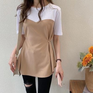 Simple contrast color mid-length slim loose short-sleeved T-shirt