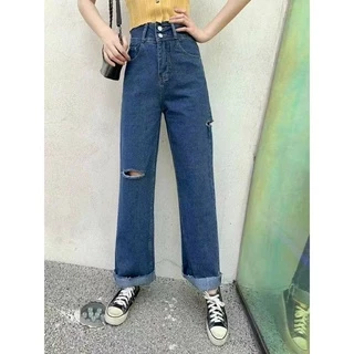 👖👖 MKL ⚡🚚 กางเกงยีนส์เอวสูง ขาบาน แต่งขาดสองข้าง 💖#8012