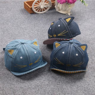 Infant Baby Boy Girl Cartoon Cat Embroidered Striped Baseball Denim Cowboy Hats