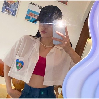 พร้อมส่ง Heart crop เสื้อเชิ้ตครอป ลายปักหัวใจ เสื้อครอป เสื้อผู้หญิง Size ความยาว 15  อก 38"