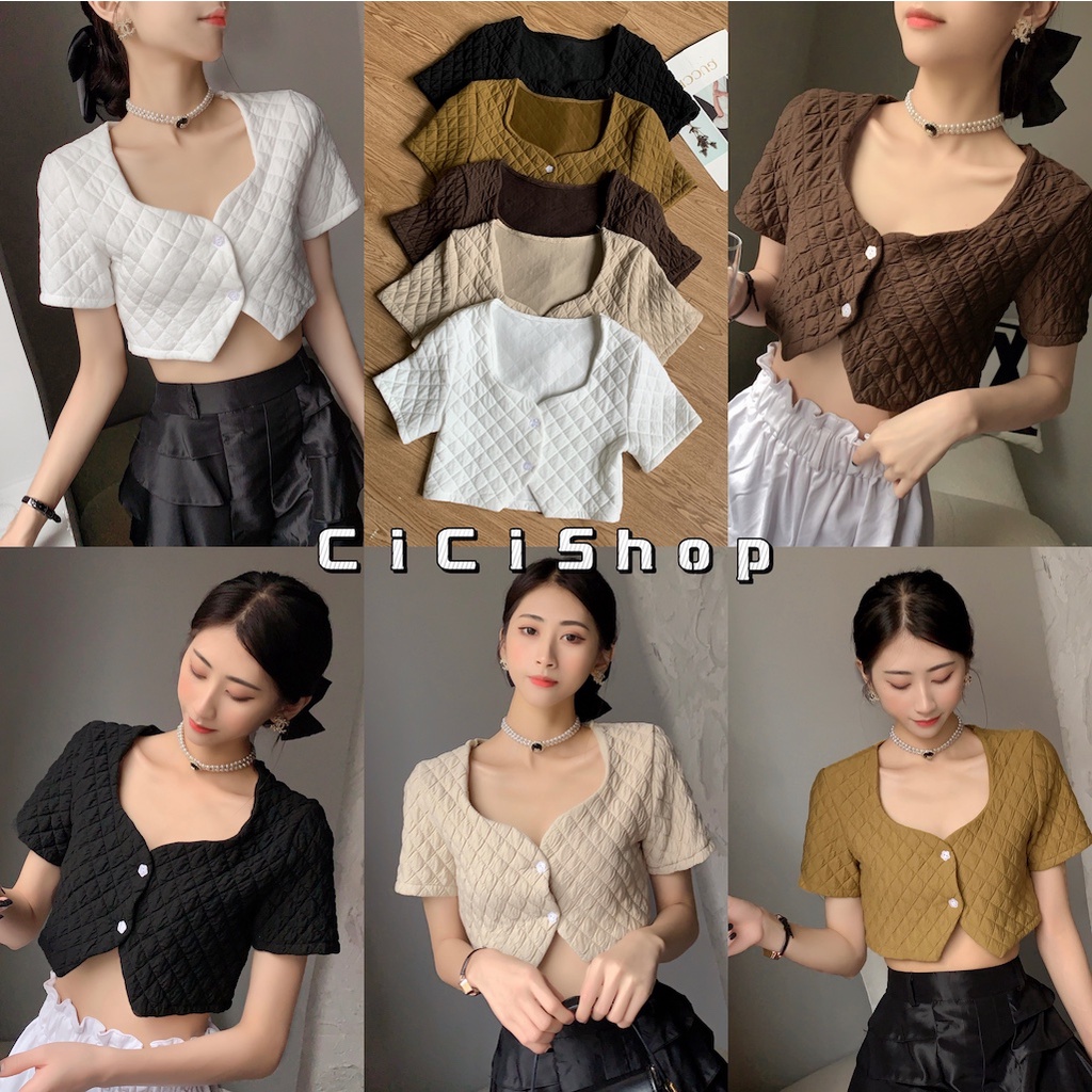 Cicishop(SALE/สุ่มสี. J180)เสื้อครอปแขนสั้น แต่งกระดุม2เม็ด ผ้าหนานุ่ม เนื้อผ้าแพงมากเรียบหรู ดูไฮโซมากกก