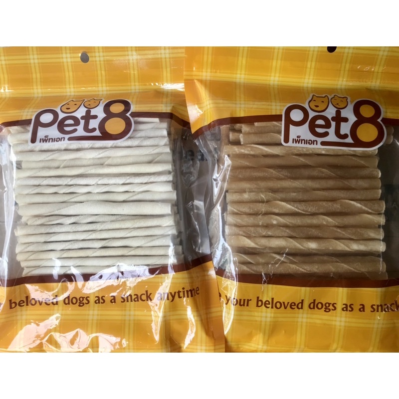 pet8หนังเกลียวผลิตจากหนังวัว สะอาดปลอดภัยช่วยในการขัดฟัน ลดคราบหินปูน กำจัดกลิ่นปาก สร้างความเพลิดเพลินแก่สุนัข หนัก400g