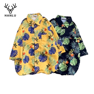 HANLU เสื้อเชิ้ตผู้ชาย ผู้ชายลายดอกไม้หลวมเสื้อฮาวายชายหาดกีฬากลางแจ้งแนวโน้มแขนสั้นนักเรียนแฟชั่นเสื้อฮาวาย