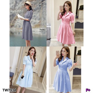 (7934) Dress ชุดเดรสคอปกติดกระดุมอก แขนตุ๊กตา