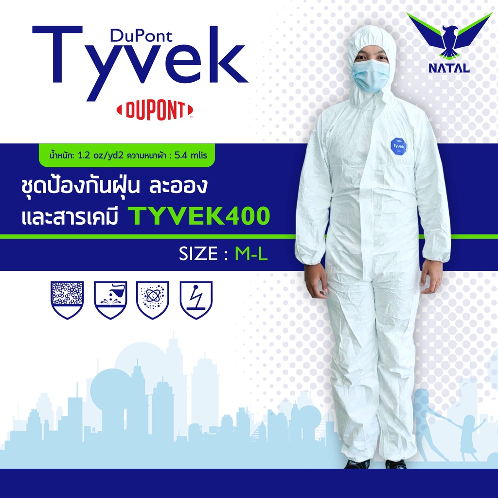 ชุด PPE สีขาว หนา 5.4 mils เป็นผ้า TYVEK ชุดป้องกันเชื้อโรค