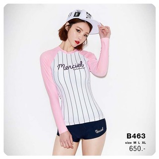 B463 ชุดว่ายน้ำแขนยาว (ขาว/ชมพู) ไซร์ M-XL กัน UV 50%