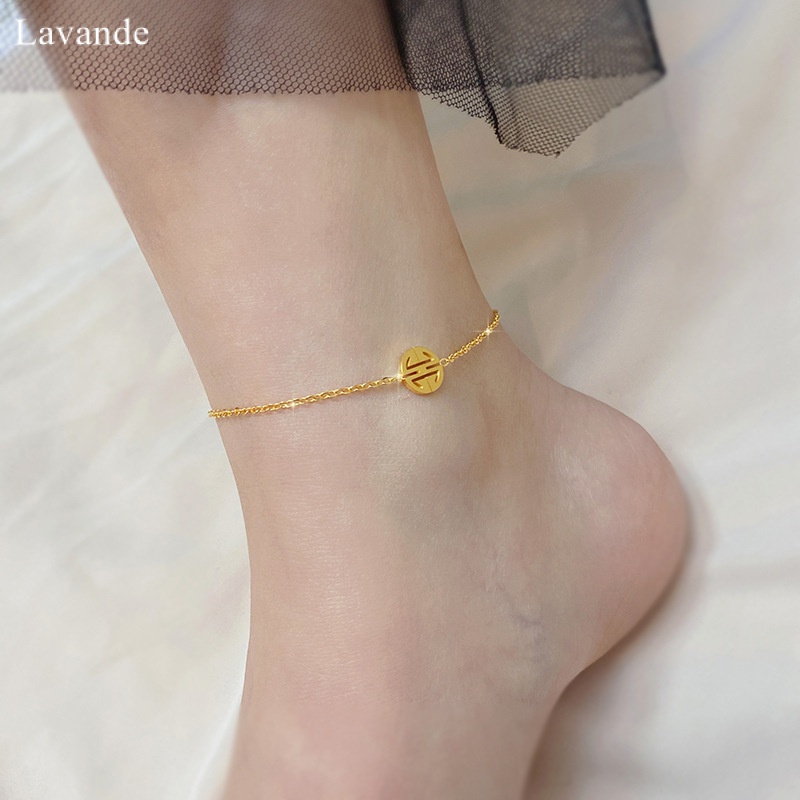 [LAVANDE] เวอร์ชั่นเกาหลี 18K Gold Fortune ตัวอักษรสร้อยข้อเท้าผู้หญิง Hollow รอบไทเทเนียมเหล็กไม่ซีดจางเครื่องประดับอาบน้ําฟรี Pick-Up JRFV