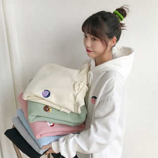 Korean Women Cartoon embroidery Hoodie Sweater Casual Loose Long Sleeve Fashion Hoodies เสอื้ กนั หนาวมฮี ดู้