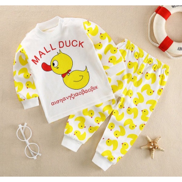 PJ314A ชุดนอนเด็ก เสื้อ+กางเกง คอตตอน 100% ลายเป็ด (6-12ด/1ข/2ข/3ข/4ข/5ข)