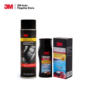 3M ผลิตภัณฑ์เคลือบกระจกป้องกันหยดน้ำเกาะ PN08889LT + 3M ผลิตภัณฑ์เคลือบเงาเบาะหนังและยางดำ ชนิดอัดกระป๋องความดัน ขนาด 400ml. PN39041A