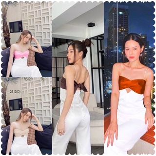 จั้มสูทขายาวสายเดี่ยว อกเจาะ แต่งผ้าซาร่า ผูกหลัง ต่อกางเกงสีขาว