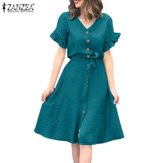 ZANZEA Women Elegant V Neck Ruffle Short Sleeve Solid Button Up Casual Dress