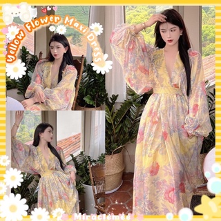Yellow Flower Maxi Dress เดรสลายดอกไม้ โทนสีเหลือง แขนยาว เดรสคอวีลายดอกไม้ งานป้าย เดรสลายดอกไม้ เดรสกระโปรง