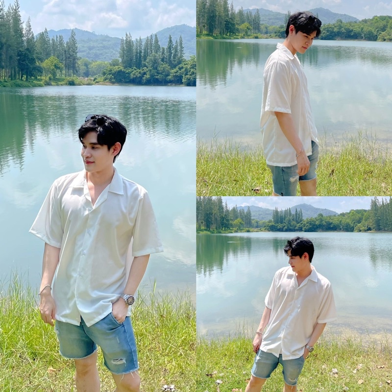 เสื้อเชิ้ตเกาหลี แขนสั้น สีพื้นขาว มีไซซ์ ผ้าไม่ต้องรีด ไม่ร้อน ใส่สบาย ใส่ไปทะเล ภูเขา เที่ยวชิลๆ S1