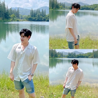 เสื้อเชิ้ตเกาหลี แขนสั้น สีพื้นขาว มีไซซ์ ผ้าไม่ต้องรีด ไม่ร้อน ใส่สบาย ใส่ไปทะเล ภูเขา เที่ยวชิลๆ S1
