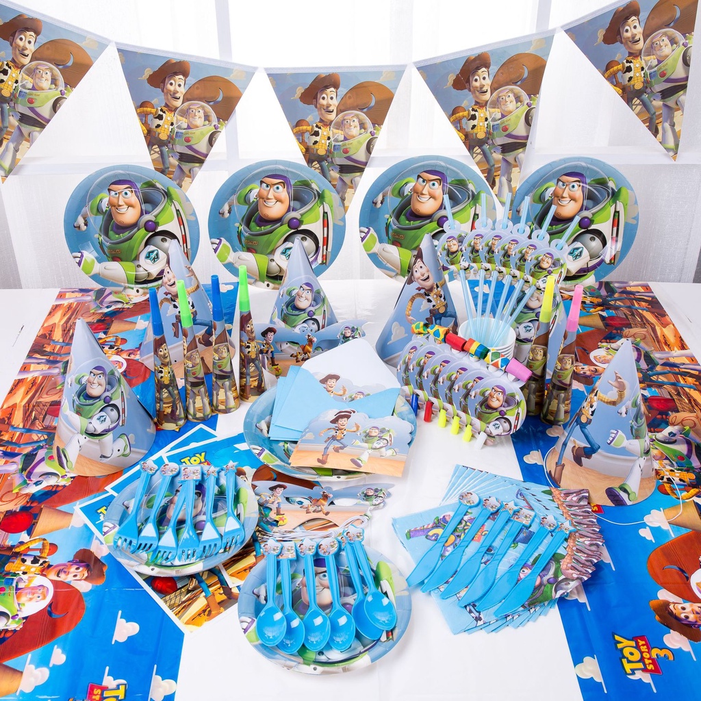 Toy Story Disposable Tableware Decoration Set Banner Cake Topper Plate  Straw Baby Birthday Party Ne