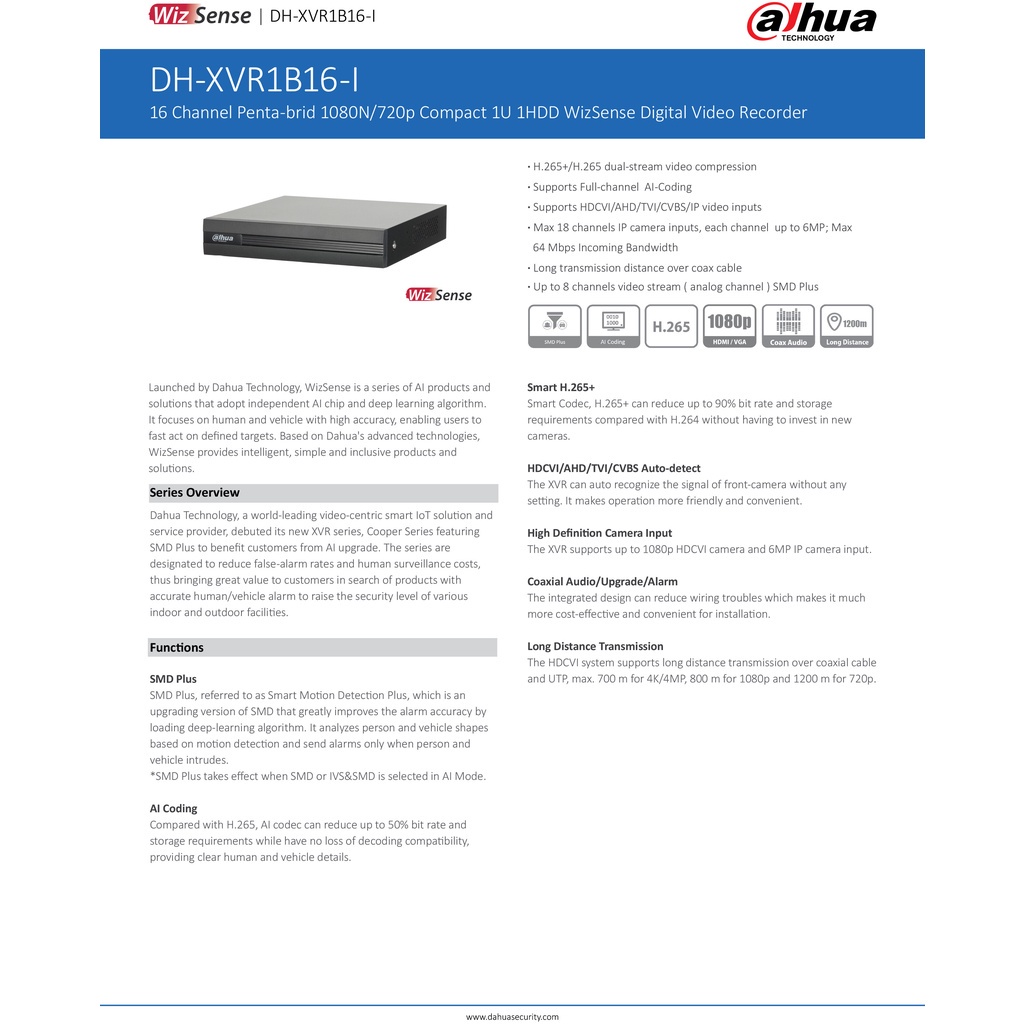Dahua เครื่องบันทึก Cooper Series XVR1B04-I / XVR1B08-I / XVR1B16-I รองรับ5 ระบบ รองรับสูงสุด 2 MP