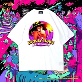 Psycho Crucify "Looney Tunes Coin Collection!" เสื้อยืด ขนาดใหญ่ | สีขาว | เสื้อยืด พิมพ์ลาย Looney Tunes Coin Collectio