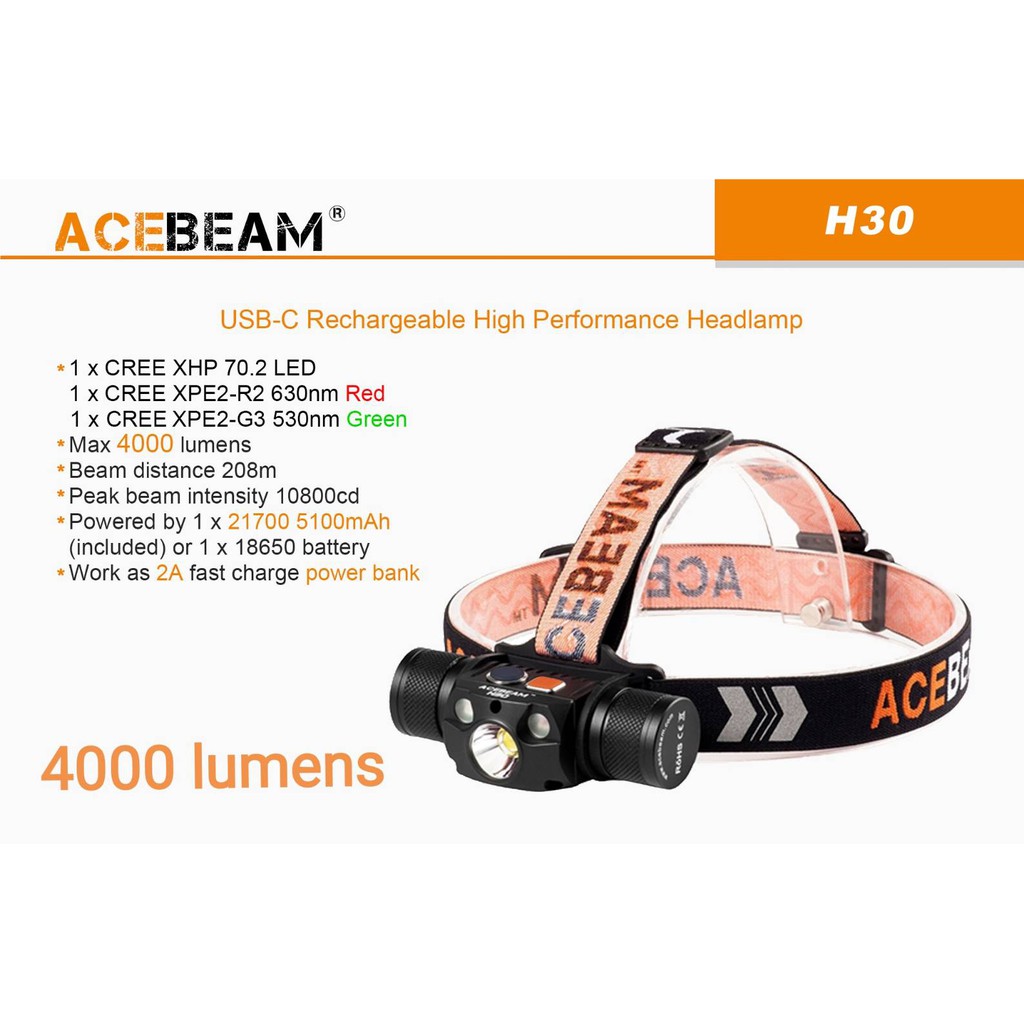 ไฟฉายคาดหัว Acebeam H30 สว่าง 4000lm มีแสงสีแดง แสงสีเขียว ชาร์จ USB-C พร้อมแบตเตอรี่