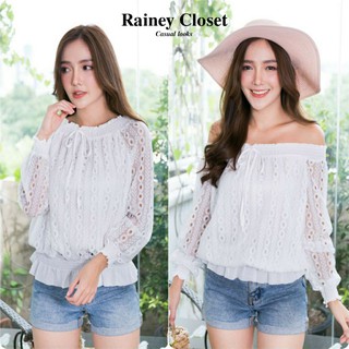 RAINEY CLOSET - เสื้อลูกไม้เนื้อนิ่ม เสื้อลุกไม้แขนสามส่วน เสื้อลูกไม้เกรดพรีเมี่ยม เสื้อลูกไม้ปาดไหล่ ผ้านิ่มไม่คัน