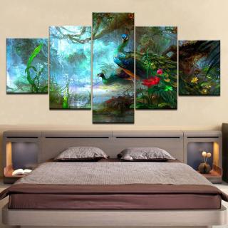 5 Panel/piece HD Print Two peacock in forest modern wall posters Canvas Art Painting For home living room decoration