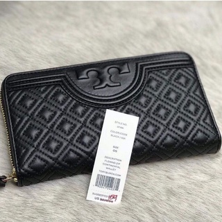 🎀 (สด-ผ่อน) กระเป๋าสตางค์ ใบยาวซิปรอบ สีดำ 32166 Tory Burch Fleming Zip CONTINENTAL Leather Wallet