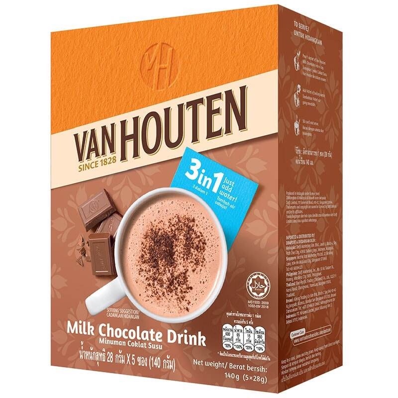 Van Houten Milk Chocolate Drink แวน ฮูเต็น มิลค์ ช็อกโกแลต ดริ้งค์ เครื่องดื่มช็อกโกแลตสำเร็จรูป 140 กรัม