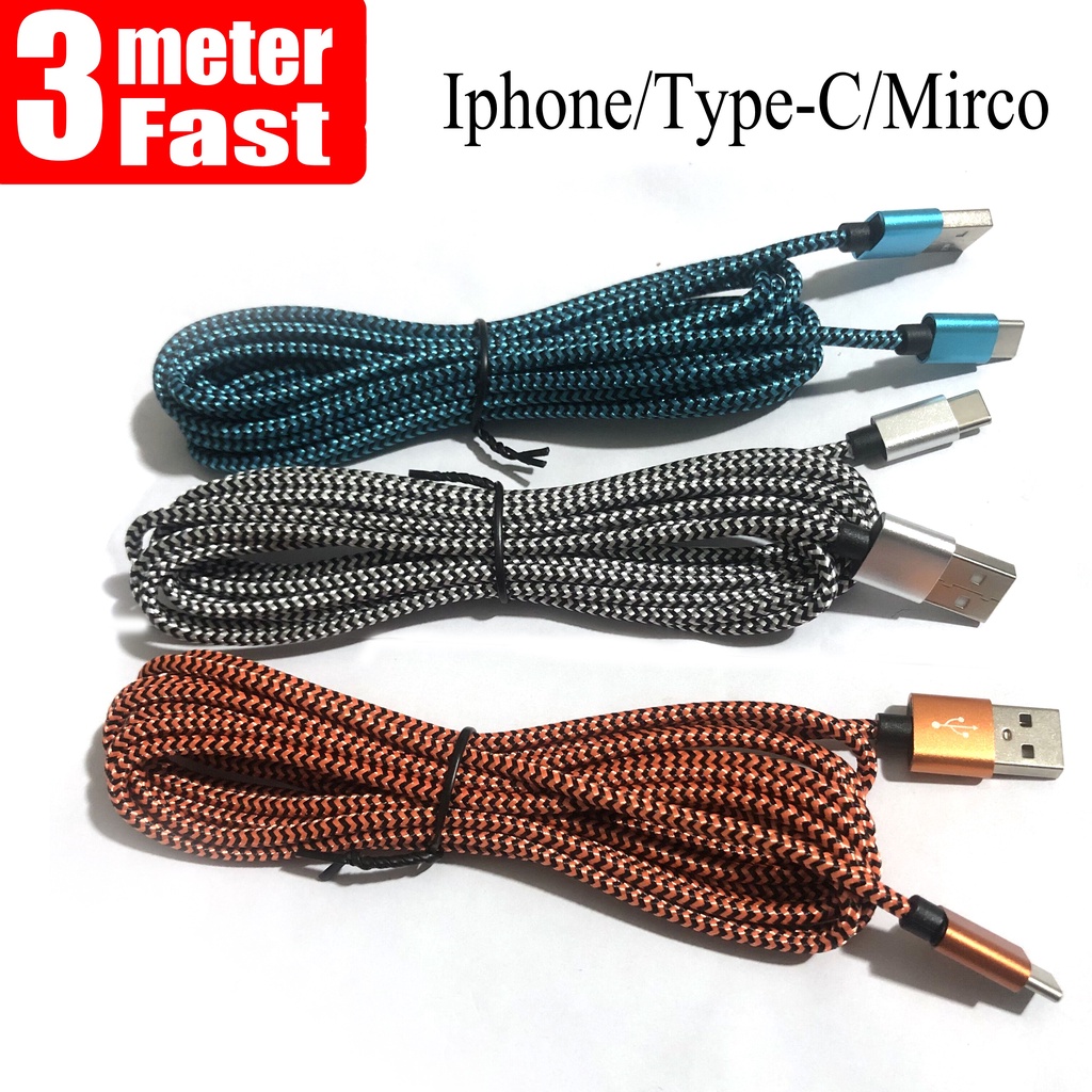 1pcs 3 เมตร 2 เมตร Fast Charging Charger สําหรับ IPhone (i5-i14) ประเภท C USB C micro สายไนลอนถักข้อ