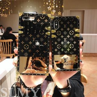 OPPO A15 A9 A5 2020 A93 A8 A31 F11 R17 PRO A3S A5 RENO 2 2F 4 Luxury Trendy Brand LV Mirror Metal Wrist Chain Square Phone Case