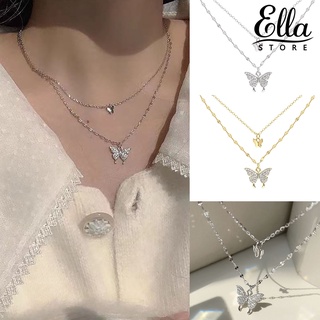 Ellastore123 สร้อยคอสองชั้น จี้รูปผีเสื้อ ประดับพลอยเทียม แบบพกพา สําหรับผู้หญิง