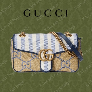 Gucci/ GG/ GG Marmont กระเป๋าสะพายผ้าควิลท์ สีเบจและสีน้ำเงิน/ กระเป๋าสะพายข้าง