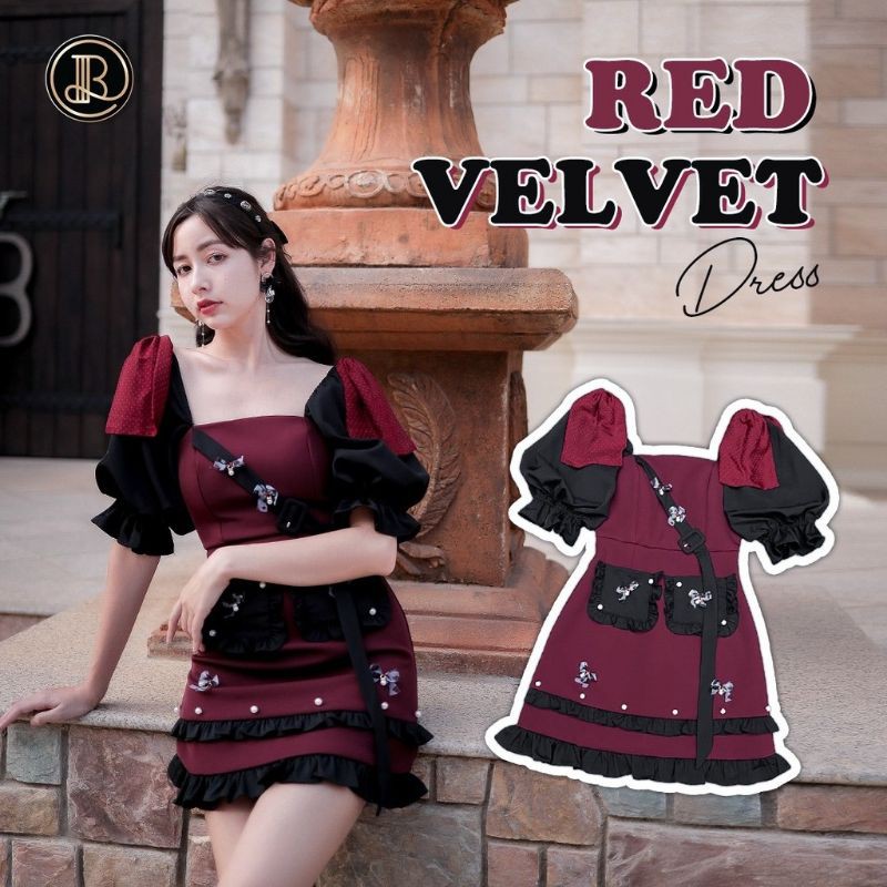 มือ 2 [M] Blt limited งานตามหาลิมิเตต Red Velvet Dress : มินิเดรสสีแดงกำมะหยี่ตัดดำสวยหรูดูแพง