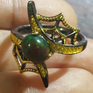 แหวนโอปอลดำแท้ ทำสองสี เงินแท้925 (Natural black opal ring) size 7