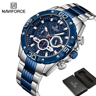 NAVIFORCE นาฬิกาผู้ชายกีฬานาฬิกาข้อมือชายแบรนด์หรูทหาร สีฟ้าสแตนเลสควอตซ์ชายนาฬิกา