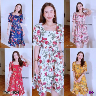 👗Pfashion [ส่งไว!!🚛] P14634 	เดรสคอเหลี่ยมแขนตุ๊กตาลายดอก