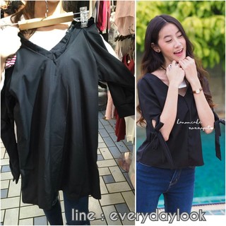 มาเพิ่ม พร้อมส่ง สีดำ เดรสคอวีแขนโบว์