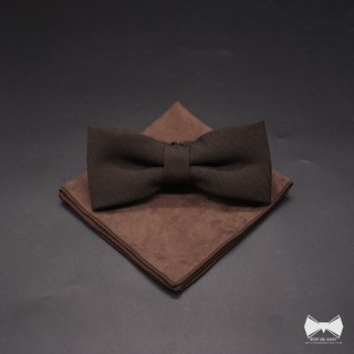 เซ็ทหูกระต่ายลินินสีน้ำตาล + ผ้าเช็ดหน้าสูท-Linen Brown Bowtie + Pocket square