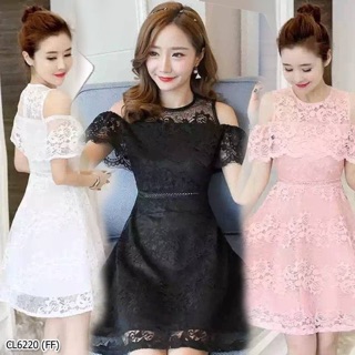 6220 Dress ชุดเดรสสั้นคอกลมแต่งเว้าไหล่แต่งระบายแขน