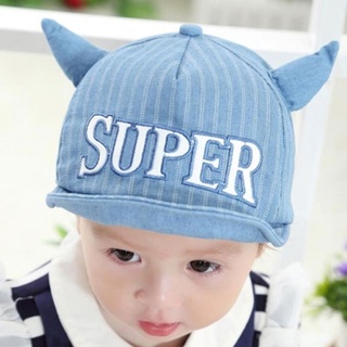 หมวกแก๊ปเด็ก สไตล์เกาหลี มีเขา ปักลาย SUPER สียีนส์อ่อน