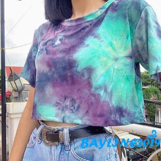 ❀ℳay-Color dye crop top round neck short sleeve popular short T-shirt top