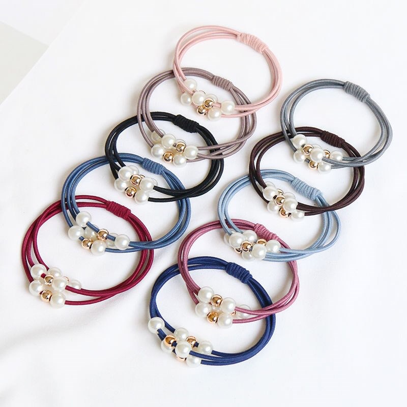ยางรัดผมสามสายไข่มุกขาวทอง ชิ้นละ 2 บาท( คละสีตามแบบ) พร้อมส่ง Ohwowshop ยางมัดผม